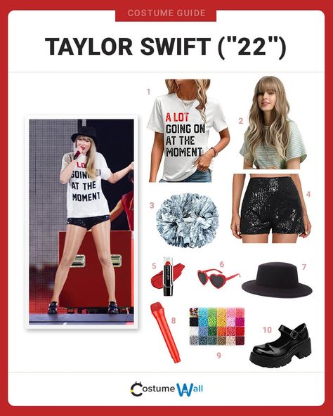 Taylor Swift (”22”) Costume 22 Music Video, Red Microphone, Dress Like Taylor Swift, Microphone Prop, Lipstick Heart, Batman Dress, Taylor Swift Costume, Cheerleading Pom Poms, Got Costumes