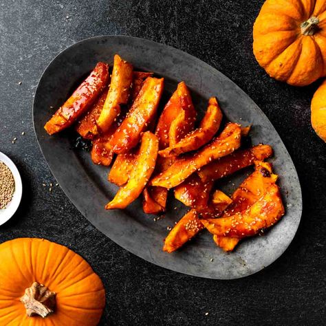 Korean Style Roasted Pumpkin Wedges with Maple Syrup Cider Braised Chicken, Roasted Pumpkin Recipes, Pumpkin Peel, Unique Side Dishes, Pumpkin Syrup, Wedges Recipe, Scratch Recipes, Roasted Pumpkin, Braised Chicken