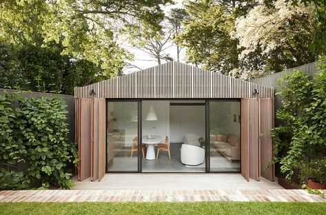 Poolside Cabana, Cane Dining Chairs, Recycled Brick, Oak Shelves, Bespoke Interiors, Garden House, Glass Mosaic Tiles, Pool House, Concrete Floors