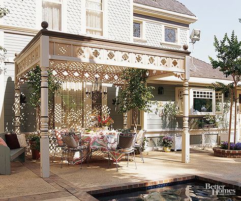 Add a unique and elegant look to your backyard with a pergola. Pergolas are great to create an entertaining area or section off an outdoor kitchen. Or they can simply serve as a private place to relax in your backyard. Check out this gallery of pergolas and add this to your summer remodel list! Gazebo Backyard, Attached Pergola, Outdoor Structure, Pergola Swing, Building A Pergola, Pergola Lighting, Modern Pergola, Pergola Canopy, Wooden Pergola