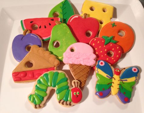 The Hungry Caterpillar Cookies, The Very Hungry Caterpillar Cookies, Hungry Caterpillar Cookies Decorated, Hungry Caterpillar Birthday Cookies, Hungry Catapiller, Hungry Caterpillar Cookies, Caterpillar Cookies, Eric Carle Party, Hungry Caterpillar Cake