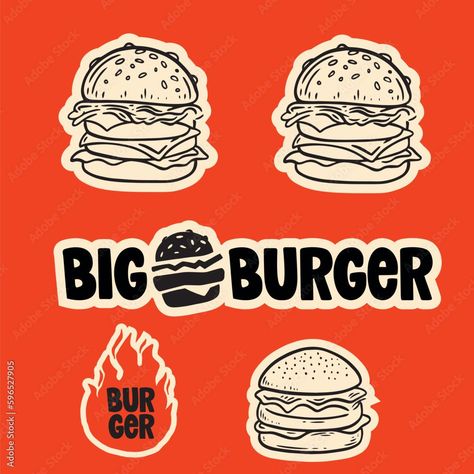 Minimalistic logo, label, and stamp set for hamburgers and Food Truck Sticker Design, Burger Illustration Design, Burger Illustration Graphics, Burger Typography, Burger Branding Design, Burger Graphic Design, Burger Restaurant Logo, Food Logo Ideas Creative, Burger Logo Design