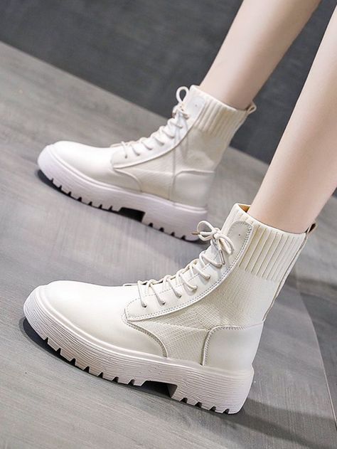 Beige Fashionable    Plain Sock Boots    Women Shoes Shoes Sneakers High Tops, Sock Boots, Girly Shoes, Boots Women Fashion, Chunky Platform, Cute Simple Outfits, Boots Women, Girls Boots, Boots Outfit