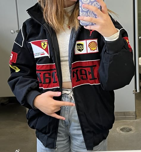 Ferrari Girl Aesthetic, Ferrari Girl, Ferrari Jacket Outfit, Racer Jackets, Sporty Jacket, Jacket Outfit Women, Racer Jacket, Racing Jacket, Looks Country