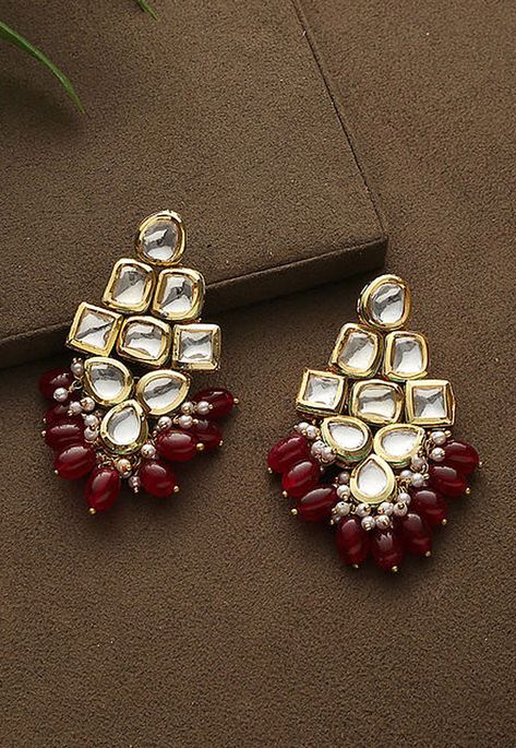 Alloy Based Earrings in Red and Off White This Pair is Adorned with Kundan and Beads Its Approximate Length is 0.5 inch Earrings For Red Dress, Red Earrings Indian, Red Kundan Jewellery, Kundan Earrings Jhumkas, Long Chain Earrings Gold, Kundan Jhumka Earrings, Diy Earrings Materials, Festival Jewellery, Flower Jewelry Designs