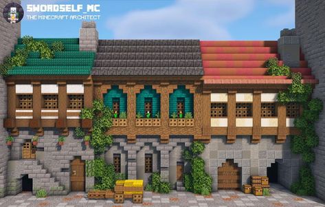 Minecraft Medieval Row House, Minecraft Midevil Building Ideas, Midevil Minecraft Town, Minecraft Gatehouse, Minecraft Medieval Market, Medieval Town Minecraft, Minecraft Cool Builds, Minecraft Medieval City, Minecraft Medieval Buildings