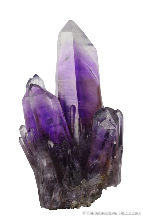 Quartz (var. Amethyst), Amatitlan, Mun. de Zumpango del Rio, Guerrero, Mexico, small-cabinet, 7.5 x 4.1 x 3.1 cm, An intense grape-juice purple amethyst cluster with well-developed phantoms and faint purple caps from the famous finds of 1991 at Guerrero, a find that combined the famous color of the locality with both size AND luster., For sale from The Arkenstone, www.iRocks.com. For more details on this piece and others, visit https://www.irocks.com/minerals/specimen/46889 Crystal Amethyst, Purple Crystal, Mystical Purple Natural Stone Crystals, Raw Amethyst Crystal, Elegant Large Amethyst Gemstones, Unique Purple Amethyst Crystals, Amethyst Point, Amethyst Cluster, Amethyst Quartz