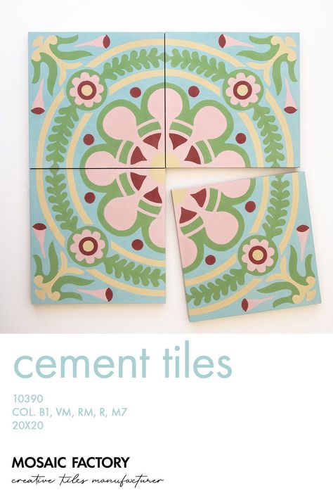 Colourful encaustic cement tiles from Mosaic Factory with floral patterns in pastel tones. Tile reference 10390 in colours B1, VM, RM, R, M7. All our cement tile patterns can be customised in bespoke colours directly online. Visit our website and discover the possibilities! Online tile shop with stock & bespoke production. #floortiles #tilepattern #greentile Blue Cement Tile, Creative Tile, Interior Tiles, Tiles For Wall, Tile Manufacturers, Encaustic Cement Tile, Cement Tiles, Concrete Tiles, Pip Studio