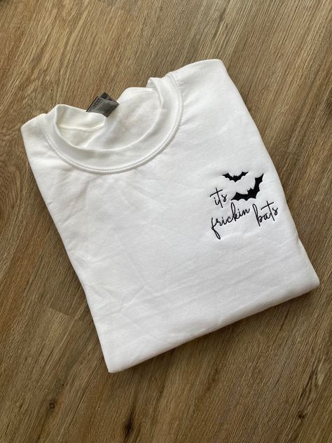 Please leave the following information in the personalization  Sweatshirt Color: Thread Color: Halloween Hand Embroidery Sweatshirt, Embroidery Ideas Machine, Fall Embroidery Designs Sweatshirt, Fall Embroidered Sweatshirts, Embroidery Tshirt Ideas, Cricut Embroidery, Pumpkin Clothes, Trending Embroidery, Frickin Bats