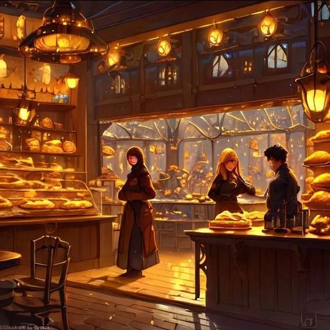 Fantasy Cafe Concept Art, Fantasy Bakery Concept Art, Fantasy Book Store, Autumn Fantasy Art, Fantasy Bakery, Fantasy Cafe, Painter Photography, Interior Concept Art, Creative Sketchbook