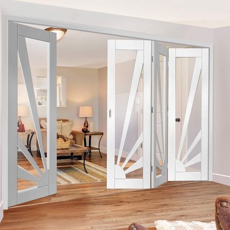 Four Folding Doors & Frame Kit - Calypso Aurora Shaker White 3+1 - Cle House Without Windows, Folding Doors Interior, Sliding Room Dividers, Room Divider Doors, Doors Ideas, Wooden Doors Interior, Folding Door, Wooden Door Design, Living Room Partition Design