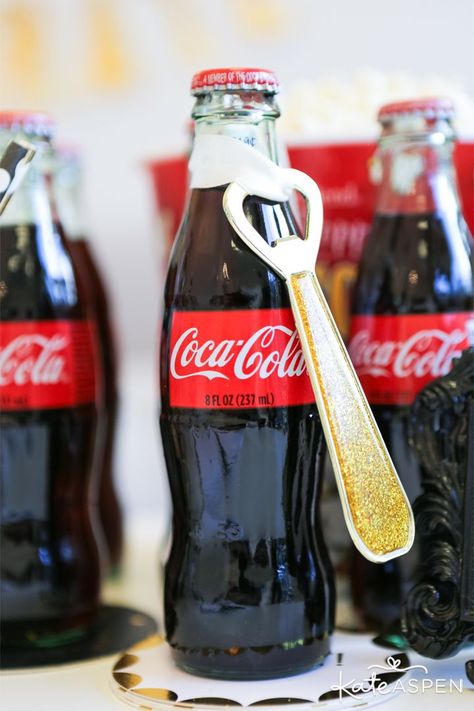 Coke bottles with gold glam bottle openers | How to Host an Award-Winning Viewing Party | Kate Aspen Days To Christmas, Glitz And Glamour, Drink Station, Gold Glam, Lights Camera Action, Coke Bottle, Viewing Party, Coca Cola Bottle, Glam Decor