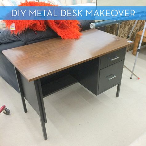 Metal Desk Makeover Diy, Old Metal Desk Makeover, Painted Metal Desks, Metal Office Desk, Metal Desk Makeover, Refurbished Desk, Diy Office Desk, Egyptian Home Decor, Desk Makeover Diy