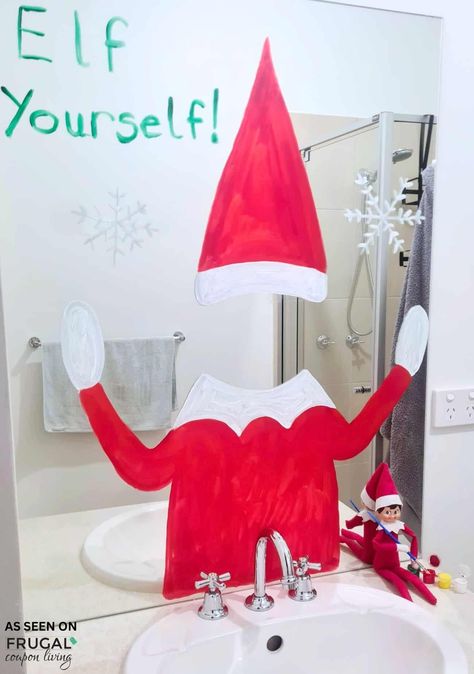 Transform your mirror with The Elf on the Shelf! Your elf paints an elf hat and body on the mirror, allowing your child to "Elf Yourself" in this festive holiday scene. New Ideas for The Elf on the Shelf and free Christmas printbles. Elf On The Shelf Costume, Elf On The Shelf Funny, Printable Elf On The Shelf, Elf Printables, Elf On The Shelf Idea, Funny Elf On The Shelf, Elf Yourself, Mirror Paint, Elf On Shelf Ideas