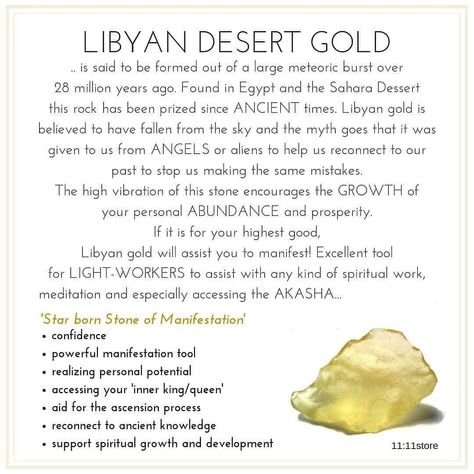 Discover all about the amazing properties of this 25 million old rock from out of space called 'Libyan desert glass... 11:11store- High… Libyan Desert Glass Properties, Libyan Desert Glass Crystal Meaning, Lybian Desert Glass Crystal Meaning, Libyan Desert Glass Meaning, Crystal Prescriptions, Crystal Therapy Healing, Crystals Properties, Magic Rocks, Witch Stones