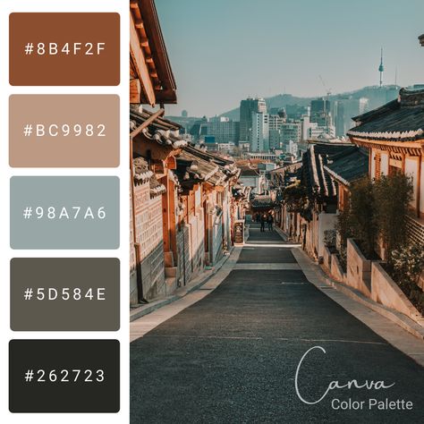 Beautiful view from one of the streets in Seoul city, South Korea Canva color palete inspiration. Beautiful Color Palette Inspiration. Follow to get more inspiration. Korea Color Palette, City Color Palette, Canva Color Palette, Seoul Street, Seoul City, Color Palette Inspiration, City And Colour, Palette Inspiration, Urban Architecture