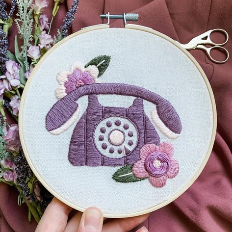 I don’t know what sparked the idea to embroider a little retro phone, but I had fun stitching it! ☎️ You can find the pattern in my Etsy shop. I think this pattern would look cute in a light turquoise color too! 🩵 Phone Embroidery Design, Hand Embroidery Phone Cover, Brother Quotes, Retro Phone, Cute Embroidery, Light Turquoise, Turquoise Color, Artist On Instagram, I Don T Know