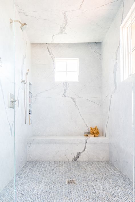 Blackband_Design_Newport_Coast-78 Marble Herringbone Floor, Amazing Master Bathrooms, Marble Bathroom Designs, Marble Showers, Shower Floor Tile, Master Shower, Bad Inspiration, Shower Niche, Primary Bath