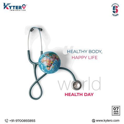 Celebrate World Health Day by prioritizing your physical and mental well-being. Take small steps towards a healthier lifestyle such as eating nutritious meals, staying active and getting enough sleep. #worldhealthday #canadaimmigration #canada #immigration #canadavisa World Health Day Creative Ideas, World Health Day Social Media Post, World Health Day Creative Poster, Health Poster Design Creative, Health Day Creative Ads, World Health Day Creative, World Health Day Creative Ads, Health Creative Ads, World Health Day Poster Design