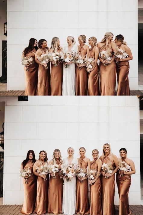 Neutral Rust Bridesmaid Dresses, Dusty Rust Bridesmaid Dresses, Rust Champagne Bridesmaid Dresses, Rust And Champagne Wedding Colors, Caramel Bridesmaids Dress, 2022 Bridesmaid Dress Trends, Copper Tone Bridesmaid Dresses, Rust Bridesmaid Dress With Flowers, Rust Silk Bridesmaid Dress