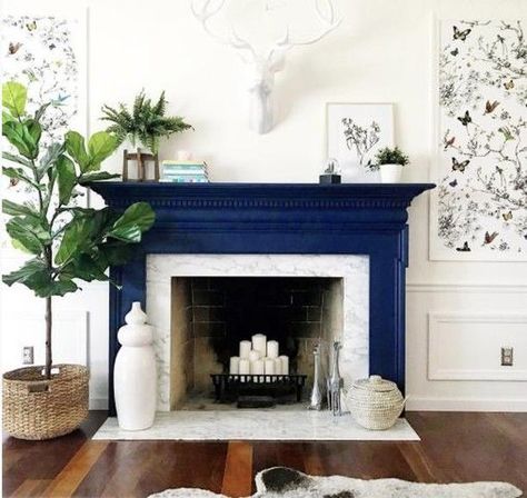 Blue Fireplace Decor, Blue Mantle Fireplace, Blue Fireplace Mantel, Blue Painted Fireplace, Painted Mantle Ideas, Coolamon House, Painted Fireplace Surround, Painted Chimney, Painted Mantel