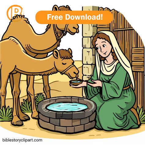 An image depicting the biblical scene of watering the camels, often associated with Rebekah's act of kindness. The scene typically shows Rebekah, a young and generous woman, giving water to thirsty camels at a well, demonstrating her compassion and significance in the biblical story. Bible Clipart, Book Of Genesis, Bible Stories For Kids, Bible Characters, Act Of Kindness, Church Crafts, Bible Story, Free Bible, Old Testament