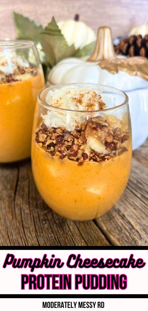 This healthy pumpkin cheesecake protein pudding is the perfect fall snack that's so good it can double as dessert! Reach an overall higher protein intake with this delicious pudding, featuring cozy and comforting fall flavors. Don't skimp on the toppings! They add even more decadence and the chopped pecans add some crunch. Protein Pumpkin Pudding, Pumpkin Protein Dessert, Protein Pumpkin Cheesecake, Pumpkin Protein Recipes, Premier Protein Pudding Recipe, Healthy High Protein Desserts, Pumpkin Cheesecake Pudding, Cheesecake Protein Pudding, Microbiome Recipes