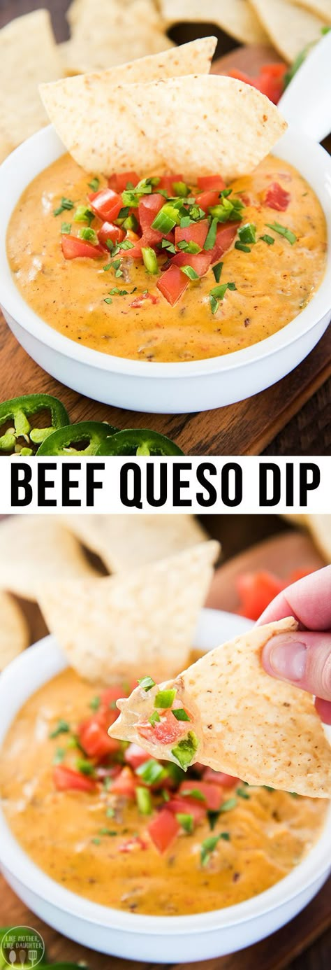 This beef queso dip is creamy cheesy goodness packed with a punch; with seasoned ground beef, velvety smooth cheese and packed full of flavor this dip is the perfect party appetizer! Beef Queso Dip, Mexican Ground Beef, Appetizers Easy Dips, Baked Chicken With Mayo, Finger Foods Party, Dips Recipes, Cheese Dips, Queso Recipe, Cheese Dip Recipes