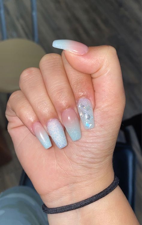 Light Blue Nail Art Design, Sky Blue Nails With Butterflies, Butterfly Blue Nails, Blue Nails Butterfly, Light Blue Glitter Ombre Nails, Short Nail Designs Blue Butterfly, Light Blue With Butterflies Nails, Blue Ombre Nails With Butterflies, Sparkle Ombre