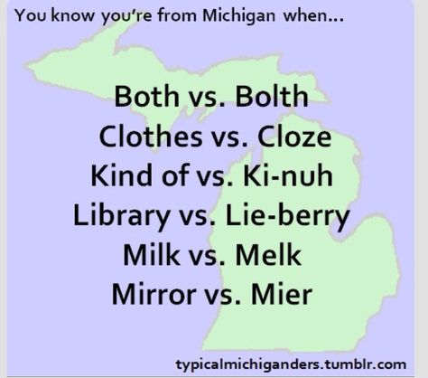 No. vs. Uh uh or Nope - Yes. vs. Yah - Can I. vs. Kineye - You're. vs. Yoor - Gasoline. vs. Gazalene - Kindergarten. vs. Kinnygarden Michigan Accent, Michigan Facts, Michigan Girl, Haha So True, Port Huron, My Hood, Michigan Travel, State Of Michigan, Mackinac Island