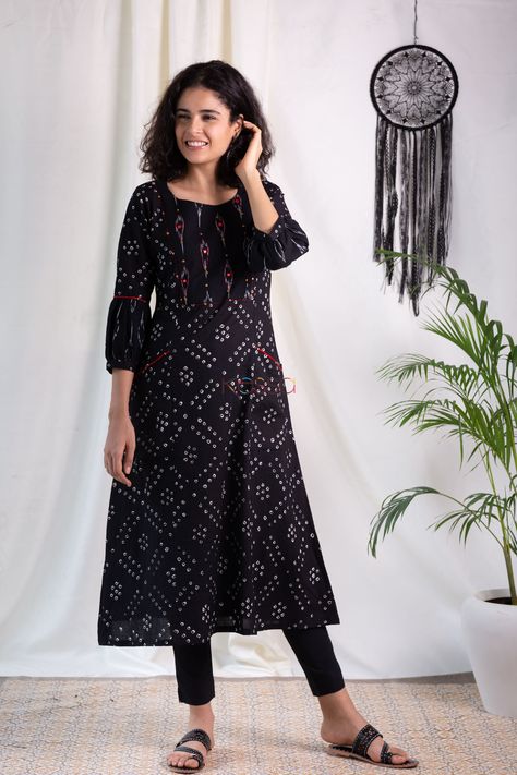 Kurta Black, Ikat Weaving, Bandhani Print, Kurta Dress, A Line Kurta, Metal Trim, Mirror Work, Kurta Designs, Ethnic Style