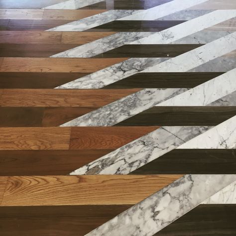 Wood Floor With Metal Inlay, Wood And Stone Flooring Combination, Wood Marble Floor, Wood And Marble Floor, Wood And Tile Flooring Combination, Flooring Design Pattern, Mid Century Modern Flooring, Floor Pattern Design, Wood Floor Pattern