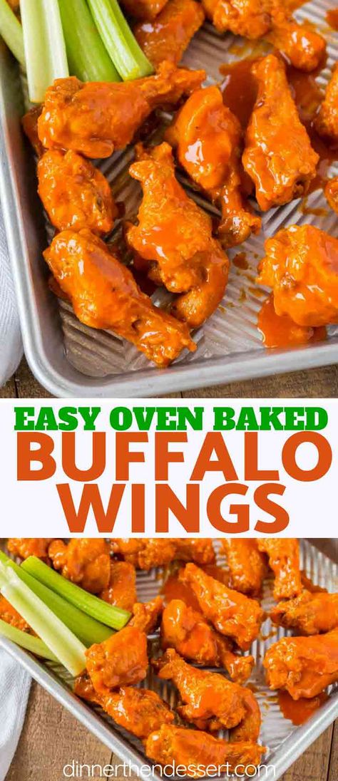 The BEST Buffalo Wings you'll ever eat and they're oven baked! Tossed with a delicious buffalo wing sauce these will be the hit of your parties! | Best Buffalo Wings, Wings Recipe Oven, Chicken Wings Recipe Oven, Baked Hot Wings, Wings Recipe Baked, Baked Buffalo Wings, Hot Wing Recipe, Wing Sauce Recipes, Chicken Wing Recipes Baked