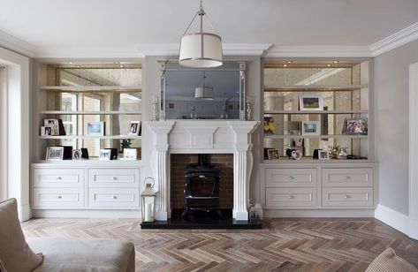 Jonathan Williams Kitchens on Instagram: “Alcove units from our Cavan project, so many amazing features in this beautiful home - Antique mirror with thick glass shelves.…” Shelf Under Tv, Diy Shelf Decor, Alcove Units, Alcove Shelves, Glass Shelves In Bathroom, Glass Shelves Decor, Glass Shelves Kitchen, Clothes Shelves, Floating Glass Shelves