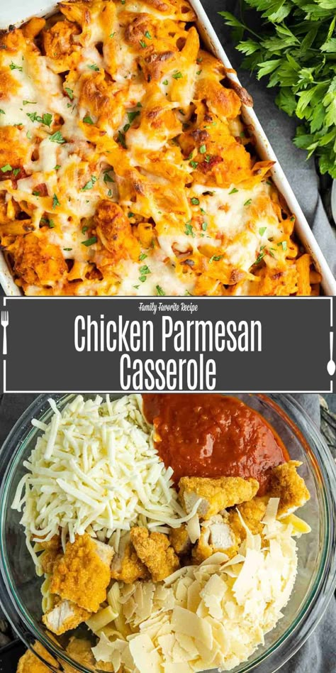 This chicken parmesan casserole is a classic comfort food recipe that has been turned into an 5 ingredient weeknight dinner recipe that is perfect for families. This chicken parm casserole takes tender breaded chicken breasts cut up into bite-sized pieces, a good sauce, and lots of cheese and tosses it together with pasta to bake into a delicious casserole that will have you coming back for seconds. Chicken Parmesan Casserole By Cooktop Cove, Chicken Parmesan Casserole Instant Pot, Chicken Parm With Chicken Tenders, Breaded Chicken Casserole Recipes, Chicken Parm Casserole Recipes, Easy Chicken Parm Casserole, Leftover Chicken Parmesan Recipes, Recipes With Breaded Chicken, Leftover Breaded Chicken Recipes