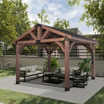 Cedar Carport, Carport Gazebo, Outdoor Gazebo Ideas, Cedar Gazebo, Rectangle Gazebo, Permanent Gazebo, Evergreen Landscape, Steel Roof, Yard Landscape