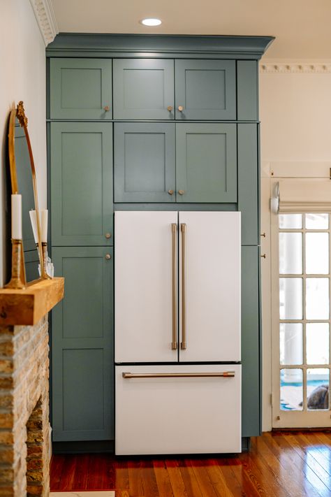 Built in pantry around refrigerator Refrigerator Next To Back Door, Built In For Refrigerator, Built Ins Around Refrigerator, Framing Around Refrigerator, Pantry Cabinet Around Fridge, Fridge Build Around, Build In Fridge Cabinet, Stand Alone Refrigerator Ideas, Fridge Built Into Wall