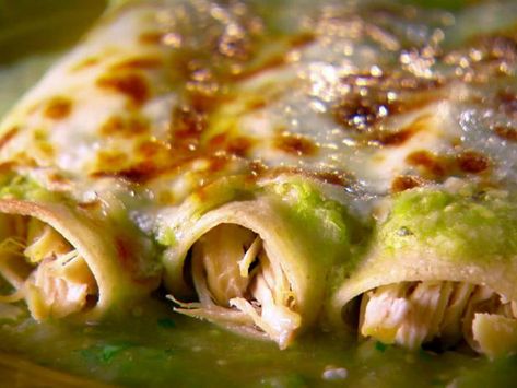 Chicken Enchiladas Recipe | Marcela Valladolid | Food Network Enchiladas Green, Green Chicken Enchiladas, Chicken Enchiladas Recipe, Rotisserie Chicken Breast, Roasted Tomatillo, White Chicken Enchiladas, Green Chicken, Enchiladas Recipe, Chicken Enchilada Recipe