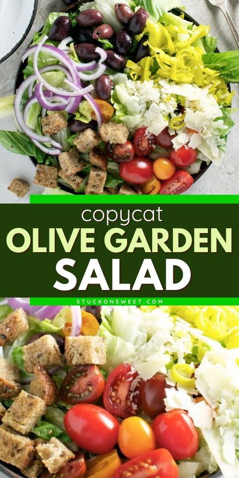 This copy cat Olive Garden salad recipe is a keeper! All topped with an Olive Garden Italian dressing, this homemade salad goes with everything. Feel free to add chicken and turn this side dish idea into a meal! Copycat Olive Garden Salad, Homemade Creamy Italian Dressing, Olive Garden Salad Recipe, Garden Salad Recipe, Olive Garden Italian Dressing, Olive Garden Salad Dressing, Olive Garden Salad, Copycat Olive Garden, Olive Garden Recipes