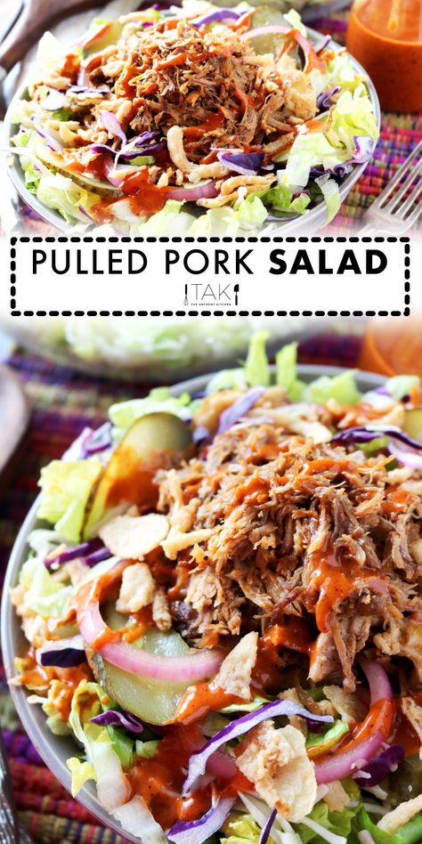 If ever there were a healthy way to put pulled pork leftovers, this is it! BBQ Pulled Pork Salad with a creamy BBQ sauce dressing is super flavorful! Featuring pulled pork, pickles, red onion, coleslaw, cabbage and more! This salad recipe makes for a filling and healthy dinner or lunch idea! Pulled Pork Leftover, Leftover Pulled Pork Recipes, Pork Salad Recipes, Healthy Pulled Pork, Pulled Pork Salad, Pulled Pork Leftover Recipes, Leftover Pulled Pork, Bbq Salads, Pulled Pork Leftovers