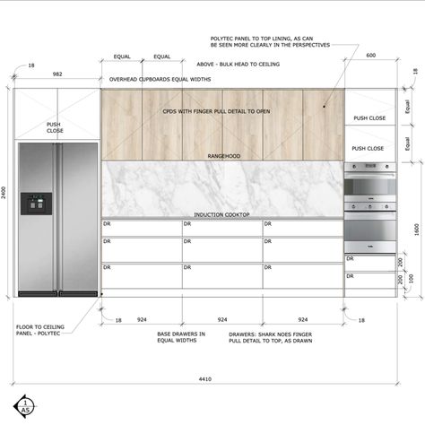 Kitchen Elevation, Minimalistic Kitchen, Detail Drawing, Kitchen Layout Plans, Interior Design Drawings, Interior Design Presentation, Furniture Details Design, Interior Design Sketches, Modern Kitchen Interiors