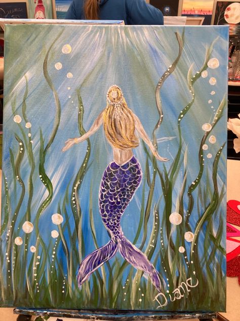 Acrylic painting of mermaid with purple tail and long blonde hair Sea Pictures, Purple Mermaid, Paint Nite, Mermaid Drawings, Mermaid Painting, Shell Decor, Beautiful Mermaids, Spring Painting, Fantasy Paintings