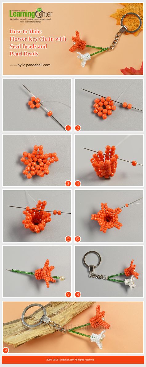 Tutorial on How to Make Flower Key Chain with Seed Beads and Pearl Beads from LC.Pandahall.com Seed Bead Tutorials, Beaded Flowers Patterns, Seed Bead Flowers, Beadwork Tutorial, Pattern Maker, Motifs Perler, Loom Pattern, Bead Weaving Patterns, Beading Techniques