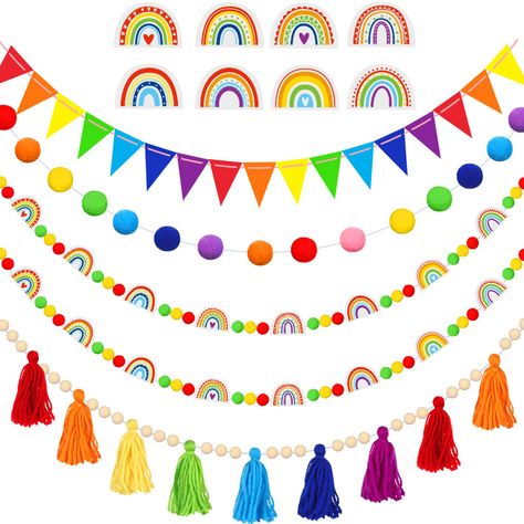 PRICES MAY VARY. Christmas Rainbow Garland Set: you will receive 5 pieces of garland decor in total, including 1 piece of tassel garland with wood beads, 1 piece of colorful felt pennant banner, 1 piece of color pom pom garland, and 2 pieces of rainbow garland banners, sufficient quantity and rich styles, enough to meet your party decoration needs Colorful Style Decoration: our birthday garland banner set is designed in a colorful style theme, adding bright colors as a classroom or home decorati Living Room Decor Classic, Pastel Garland, Rainbow Tassel Garland, Watercolor Classroom, Rainbow Garland, Christmas Rainbow, Rainbow Theme Party, Preschool Classroom Decor, Birthday Garland