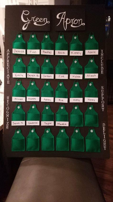 Starbucks Employee Board, Starbucks Store Manager Ideas, Starbucks Recognition Board, Starbucks Partner Board Ideas, Starbucks Green Apron Board Ideas, Green Apron Board Starbucks, Starbooks Classroom, Reading Camp Ideas, Green Apron Board