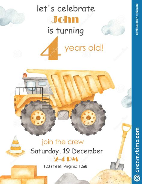 Boy Birthday Invitation with Construction Machine Dump Truck Stock Illustration - Illustration of birthday, cartoon: 205403077 Cartoon Dump Truck, Dump Truck Illustration, Dump Truck Drawing, Truck Birthday Card, 7th Birthday Boys, Hand Drawn Invitation, Construction Invitations, Truck Theme, Birthday Cartoon