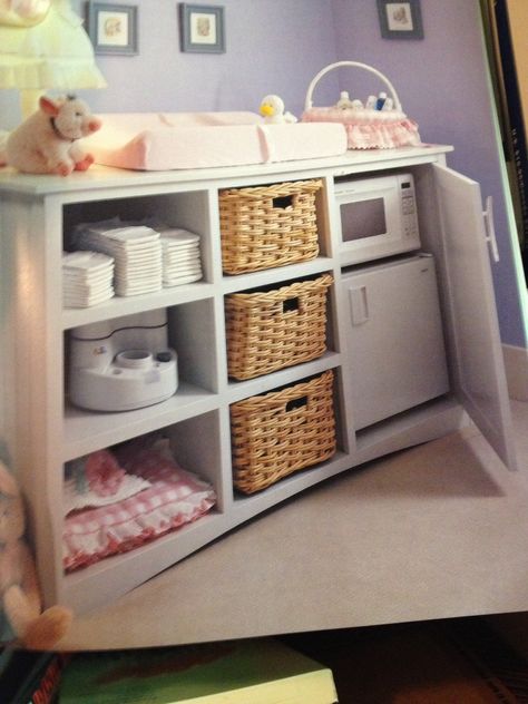 Microwave and mini-fridge in nursery for bottles...genius. Peanuts Nursery, Bottle Fridge, Baby Nursery Neutral, Baby Room Inspiration, Nursery Organization, Baby Room Design, Nursery Baby Room, Baby Proofing, Baby Organization