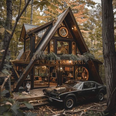 Stunning cozy cabins for an inspiring retreat - Creativindie Dark Academia Cabin, Hobbit Cabin, Bushcraft Cabin, Writers Cabin, Small Cozy Cabin, Witch Cabin, Unique Cabin, Cozy Cabin In The Woods, Diy Cabin