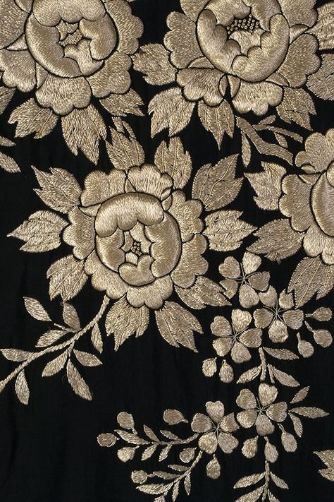 Detail of embroidery on black silk kimono, Japanese, ca. 1920-40, KSUM 1990.35.3 ab. Embroidery On Black, Embroidery Kimono, Kimono Japanese, Chinese Embroidery, Sashiko Embroidery, Pola Sulam, Japanese Embroidery, Handwork Embroidery Design, 자수 디자인