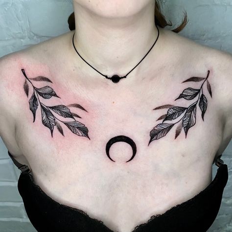 Alt Chest Tattoo, Leaves Chest Tattoo, Collar Bone Tattoo Moon, Leaves Collar Bone Tattoo, Leaf Collar Bone Tattoo, Collar Bone Tattoo For Men, Collarbone Tattoos, Tree Tat, Sagittarius Tattoo Designs